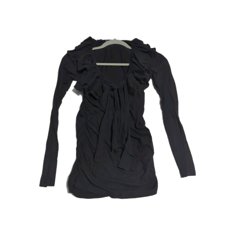 RALPH LAUREN Blue Label Womens Ruffle Ruched Top M Black Cotton Luxe Romantic